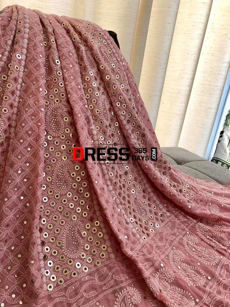 Peach Ring Mukaish Chikankari Anarkali Suit
