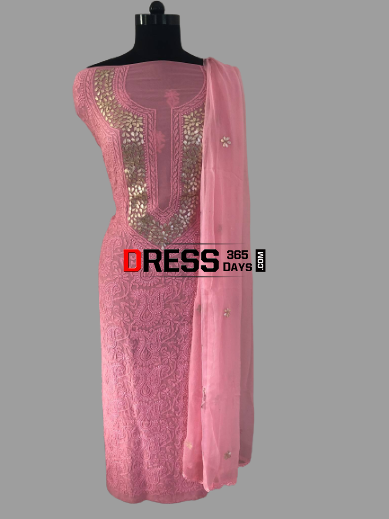 Peachish Pink Pure Georgette Gota Patti Chikankari Suit Suits