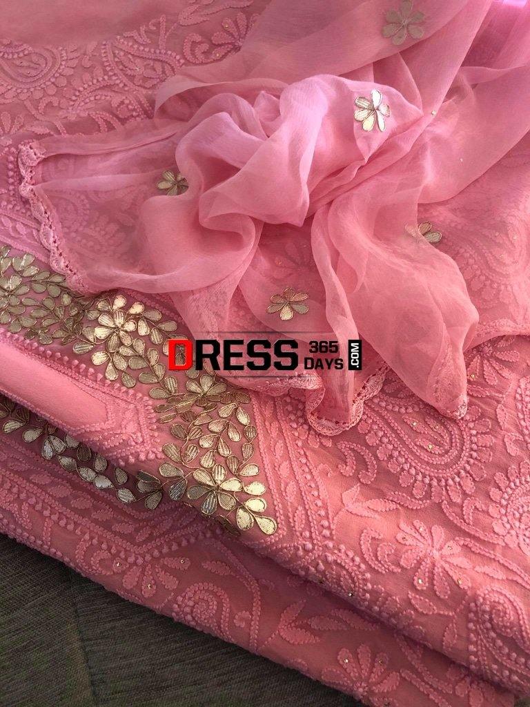 Peachish Pink Pure Georgette Gota Patti Chikankari Suit Suits