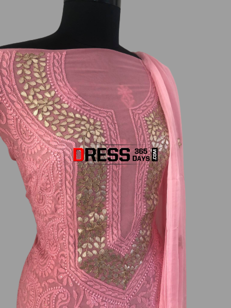 Peachish Pink Pure Georgette Gota Patti Chikankari Suit Suits