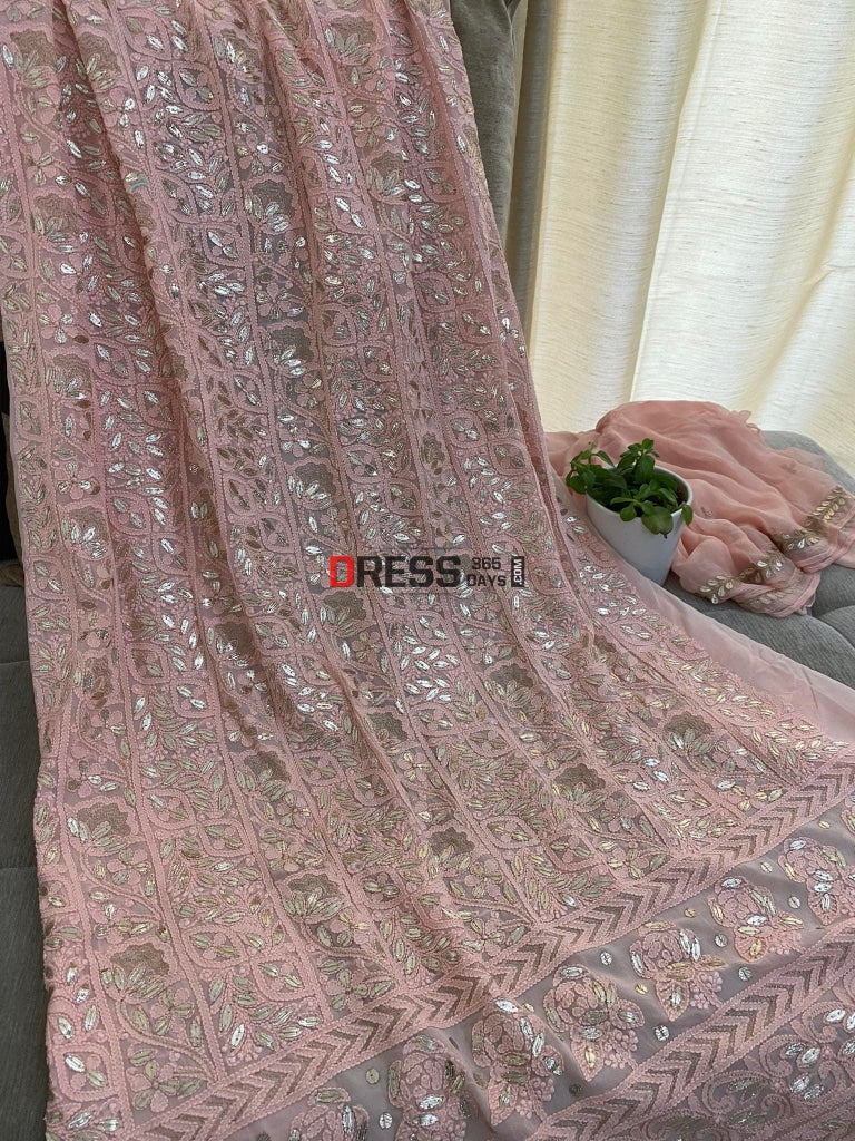 Peachy Pink Gota Patti Chikankari Kurta Dupatta Suits