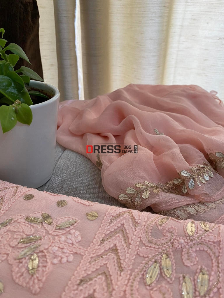 Peachy Pink Gota Patti Chikankari Kurta Dupatta Suits