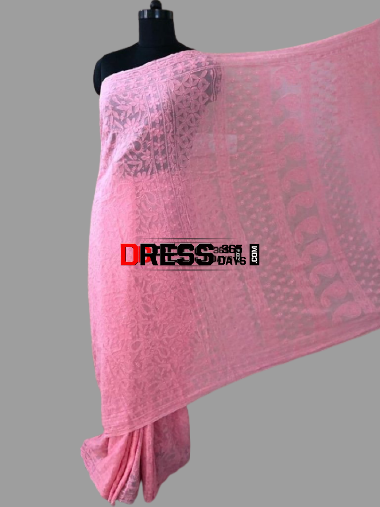Peachy Pink Hand Embroidered Lucknowi Chikankari Saree