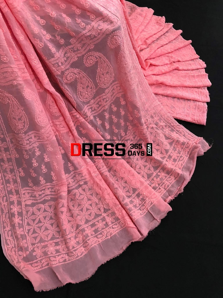 Peachy Pink Hand Embroidered Lucknowi Chikankari Saree