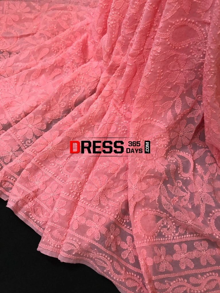 Peachy Pink Hand Embroidered Lucknowi Chikankari Saree