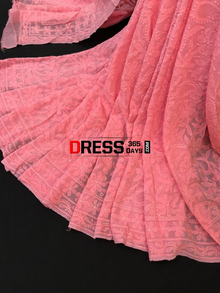 Peachy Pink Hand Embroidered Lucknowi Chikankari Saree