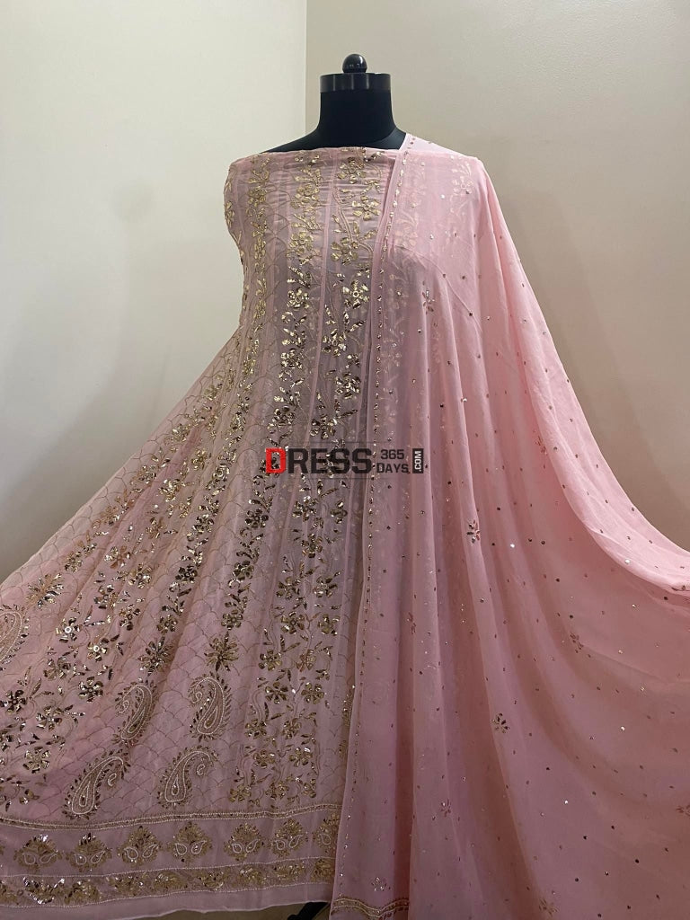 Peachy Pink Kamdani & Pearl Anarkali Suit