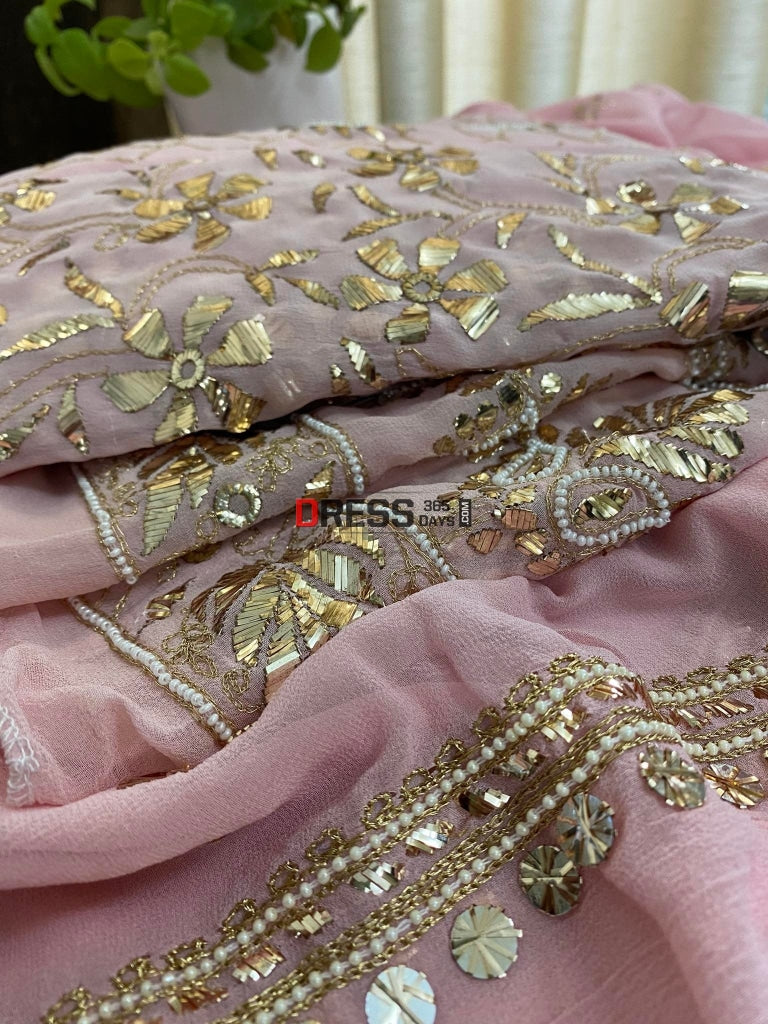 Peachy Pink Kamdani & Pearl Anarkali Suit
