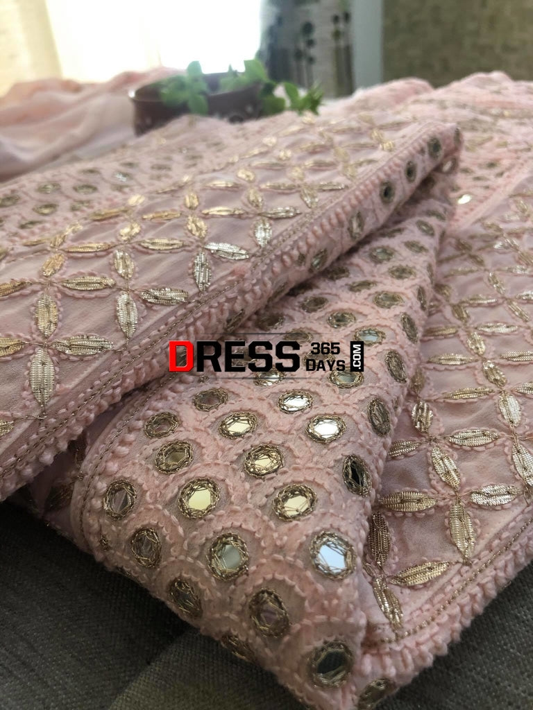 Peachy Pink Mirror Chikankari Anarkali Suit