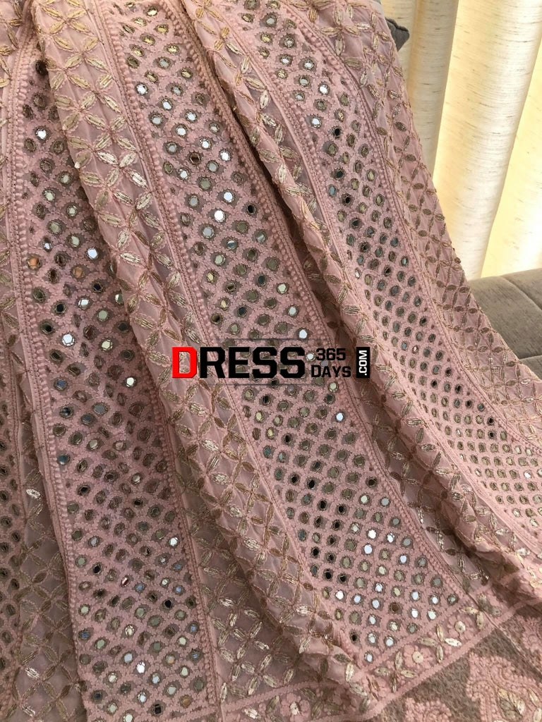 Peachy Pink Mirror Chikankari Anarkali Suit