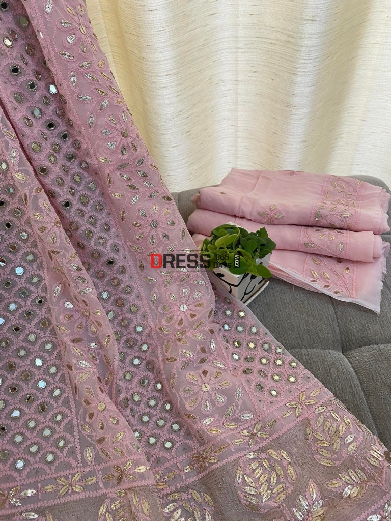 Peachy Pink Mirror & Gota Patti Lucknowi Chikankari Suit Suits
