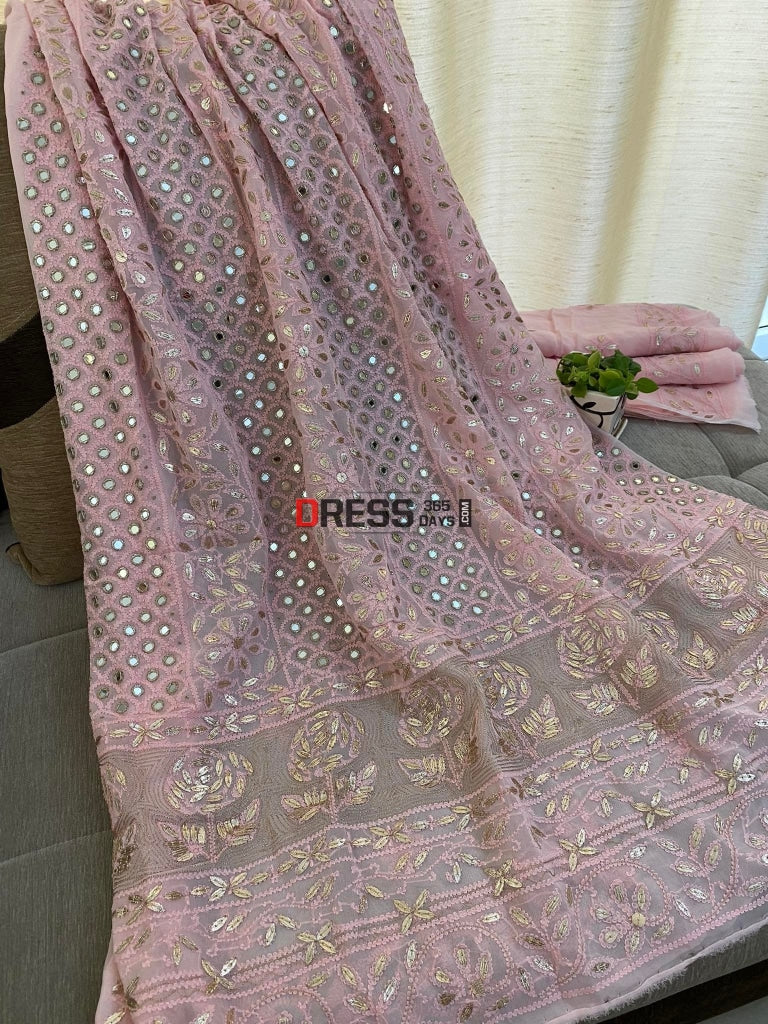Peachy Pink Mirror & Gota Patti Lucknowi Chikankari Suit Suits