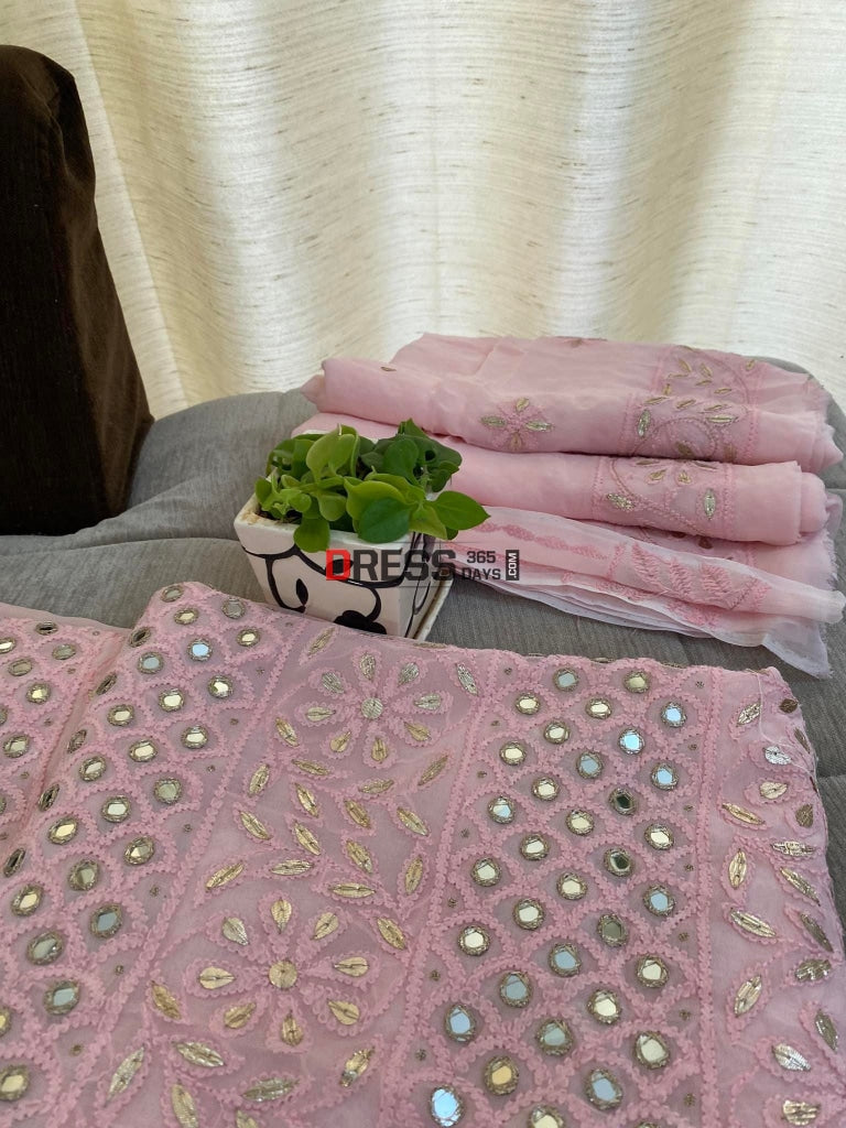Peachy Pink Mirror & Gota Patti Lucknowi Chikankari Suit Suits