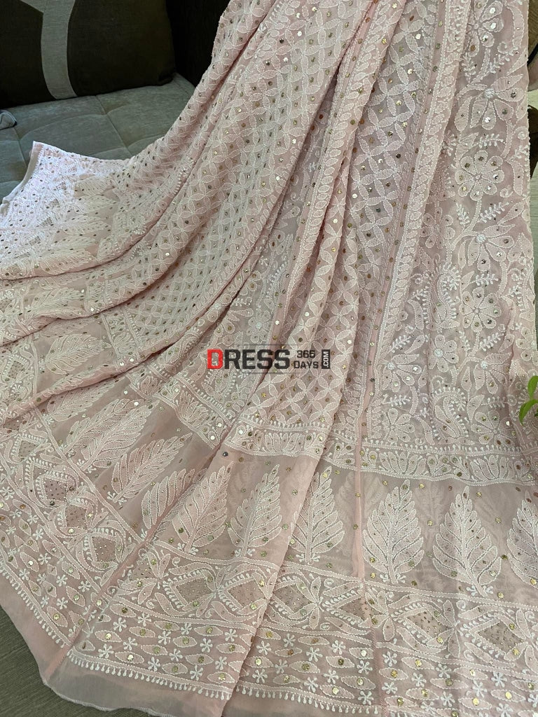 Peachy Pink Mukaish Chikankari Lehenga Skirt (Only Skirt)