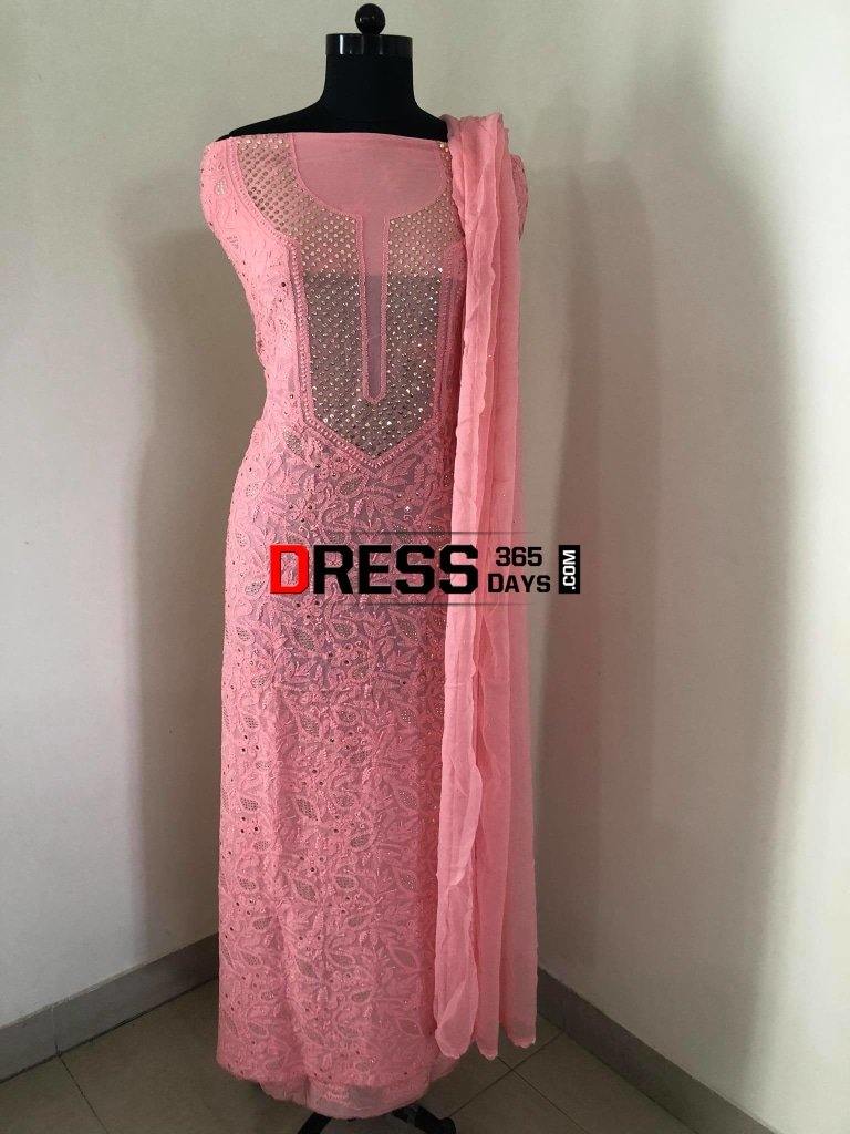 Peachy Pink Mukaish Chikankari Suit Suits