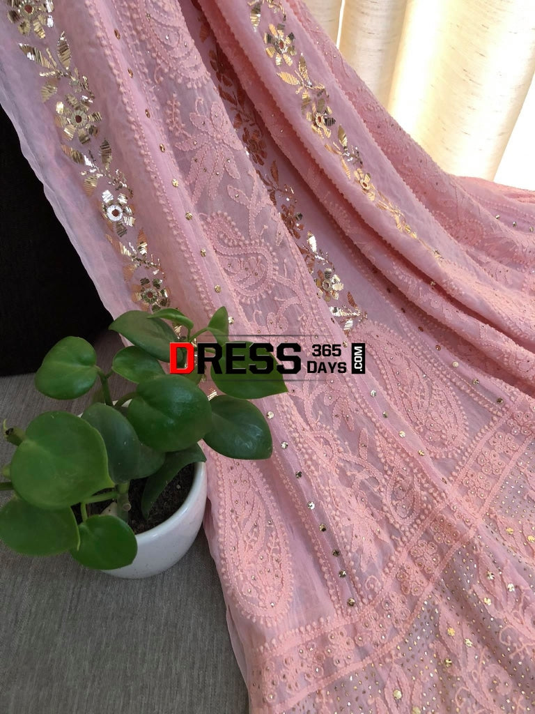 Peachy Pink Mukaish Lucknowi Anarkali Suit Chikankari