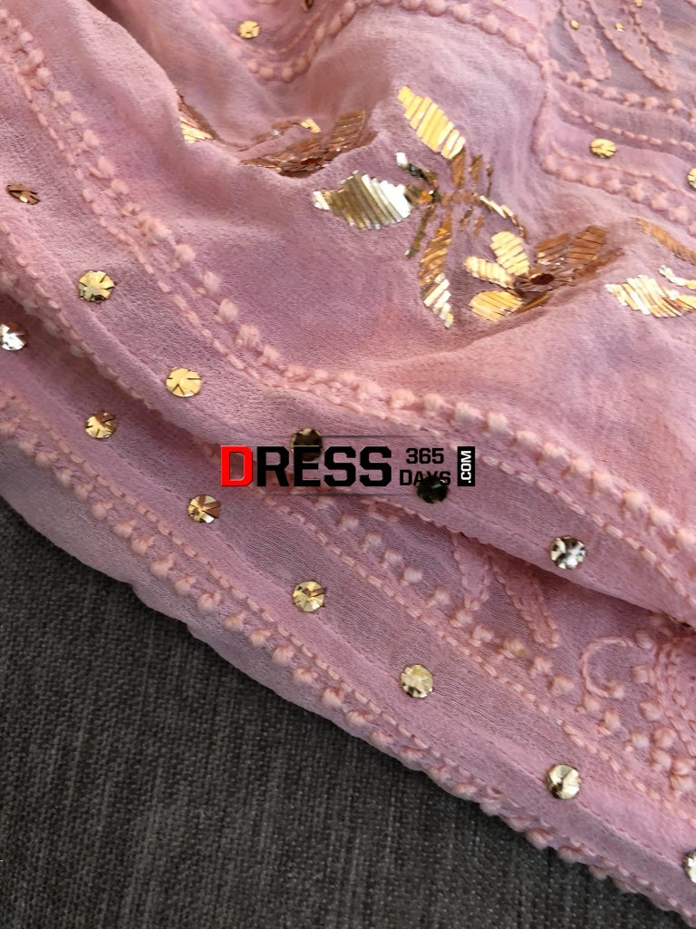 Peachy Pink Mukaish Lucknowi Anarkali Suit Chikankari
