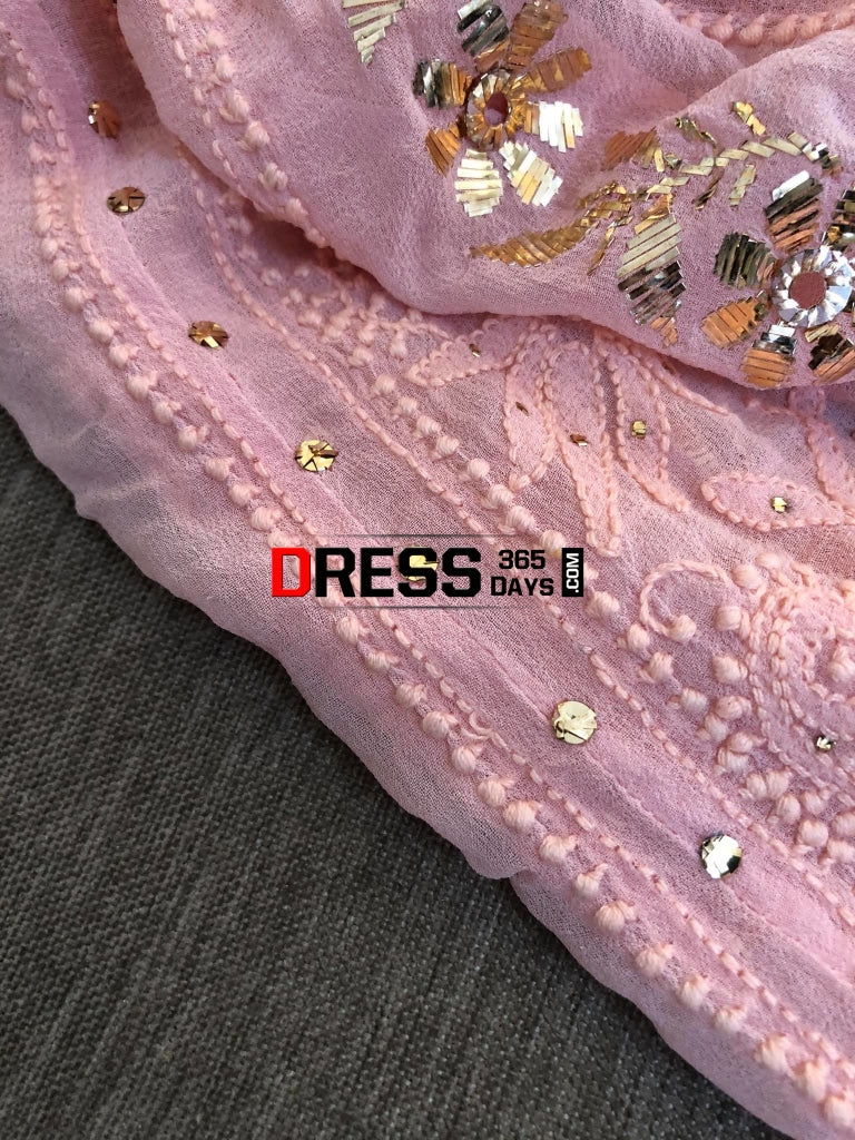Peachy Pink Mukaish Lucknowi Anarkali Suit Chikankari