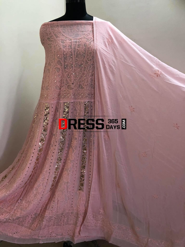 Peachy Pink Mukaish Lucknowi Anarkali Suit Chikankari