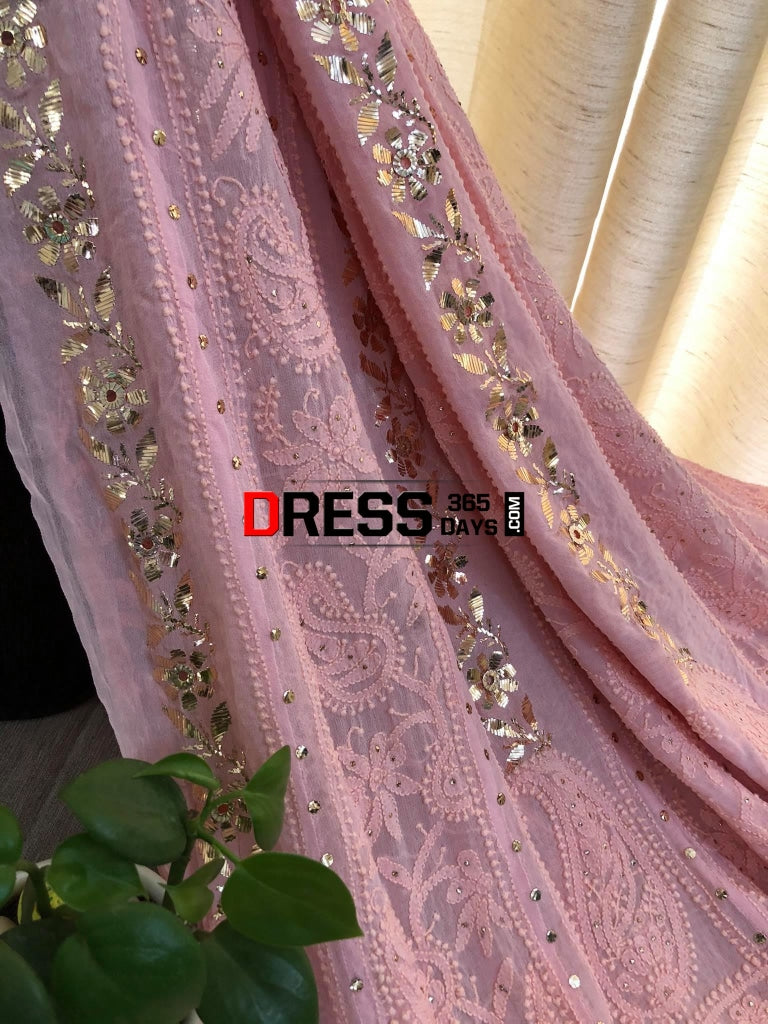 Peachy Pink Mukaish Lucknowi Anarkali Suit Chikankari