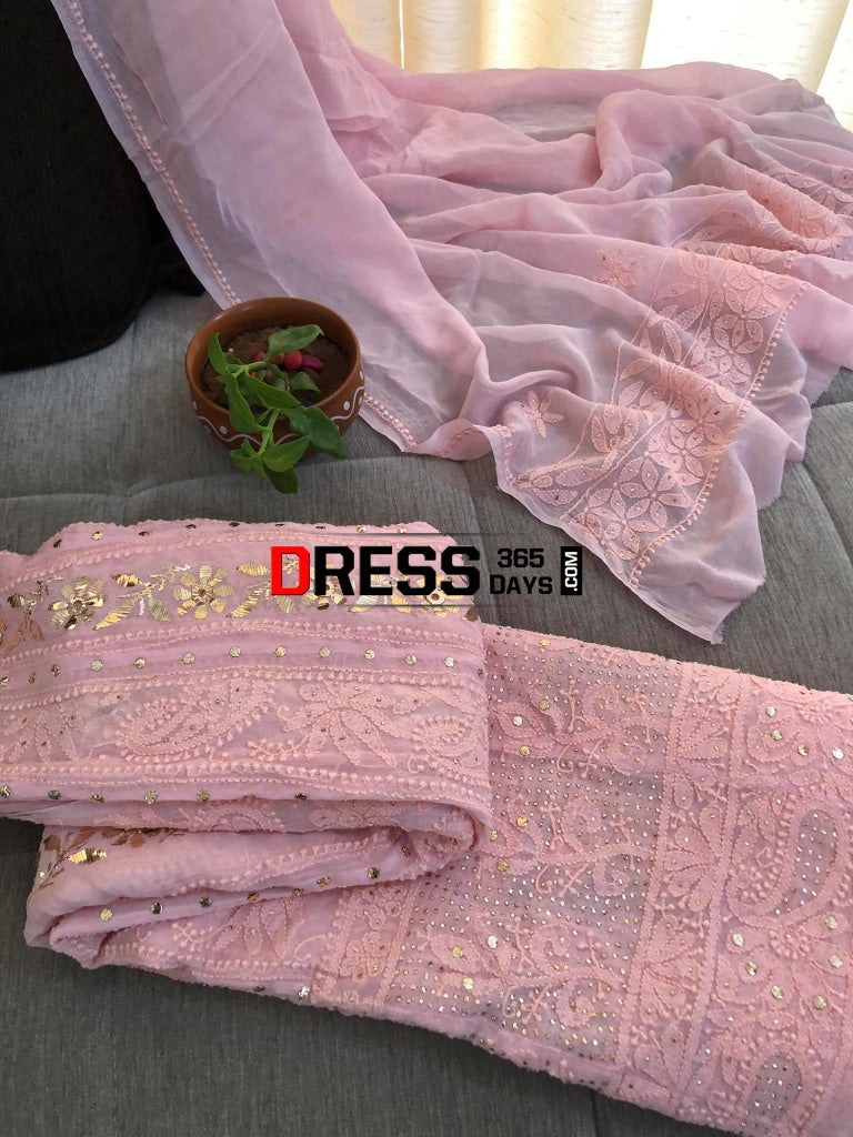 Peachy Pink Mukaish Lucknowi Anarkali Suit Chikankari