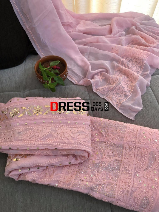 Peachy Pink Mukaish Lucknowi Anarkali Suit Chikankari