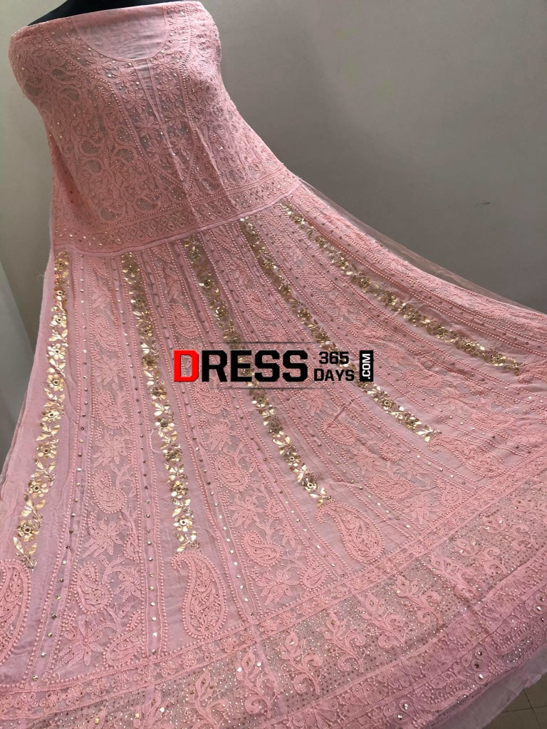 Peachy Pink Mukaish Lucknowi Anarkali Suit Chikankari