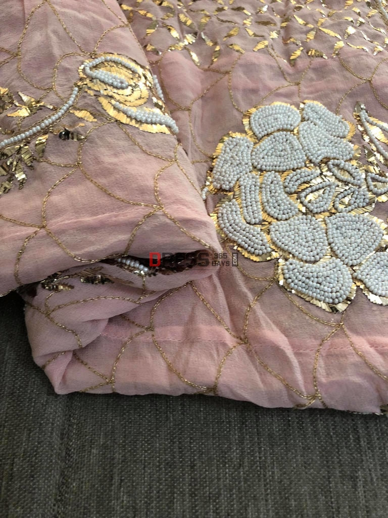 Peachy Pink Pearl Kamdani Anarkali Suit Chikankari