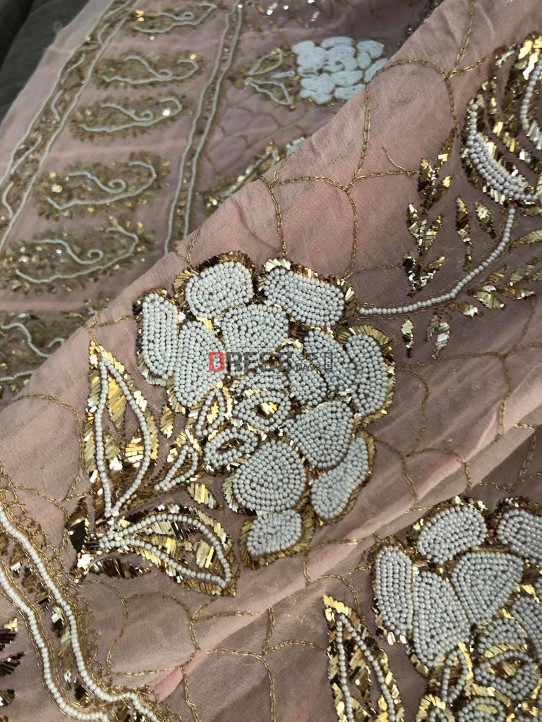 Peachy Pink Pearl Kamdani Anarkali Suit Chikankari