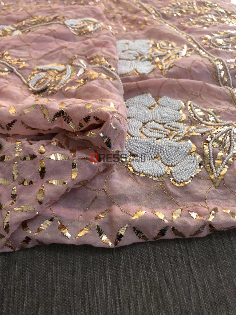 Peachy Pink Pearl Kamdani Anarkali Suit Chikankari