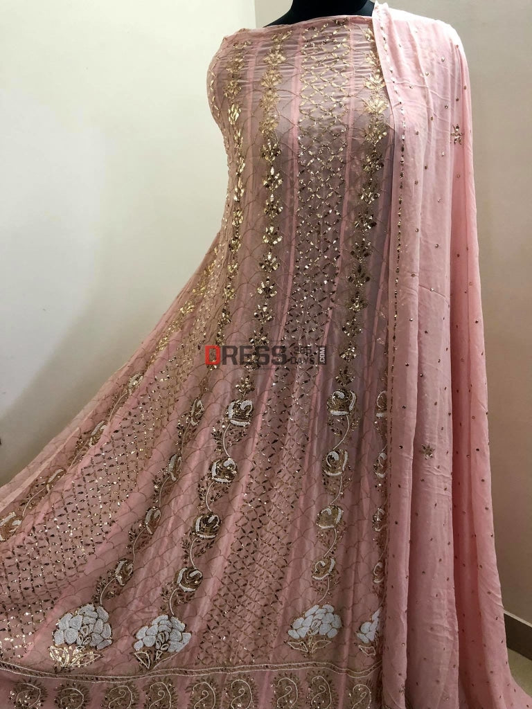Peachy Pink Pearl Kamdani Anarkali Suit Chikankari