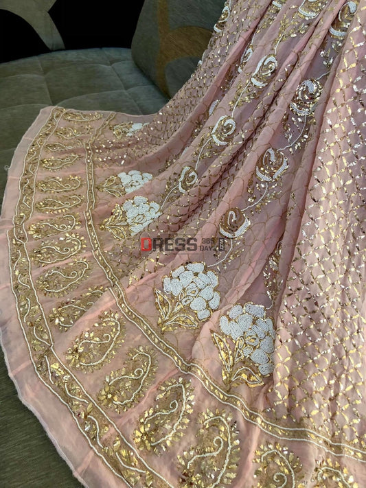 Peachy Pink Pearl Kamdani Anarkali Suit Chikankari