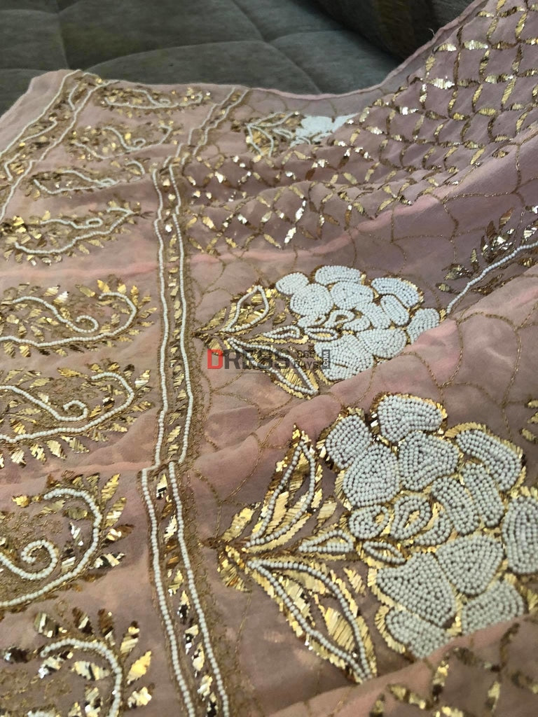 Peachy Pink Pearl Kamdani Anarkali Suit Chikankari