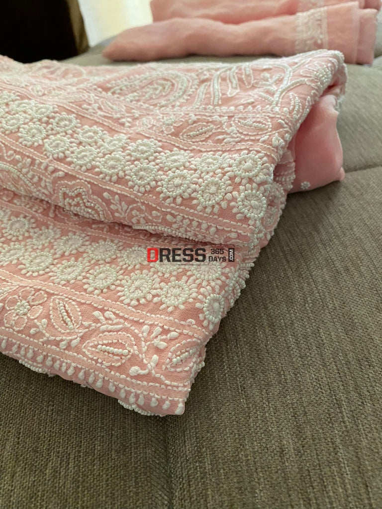 Peachy Pink Pearl Lucknowi Chikankari Suit Suits