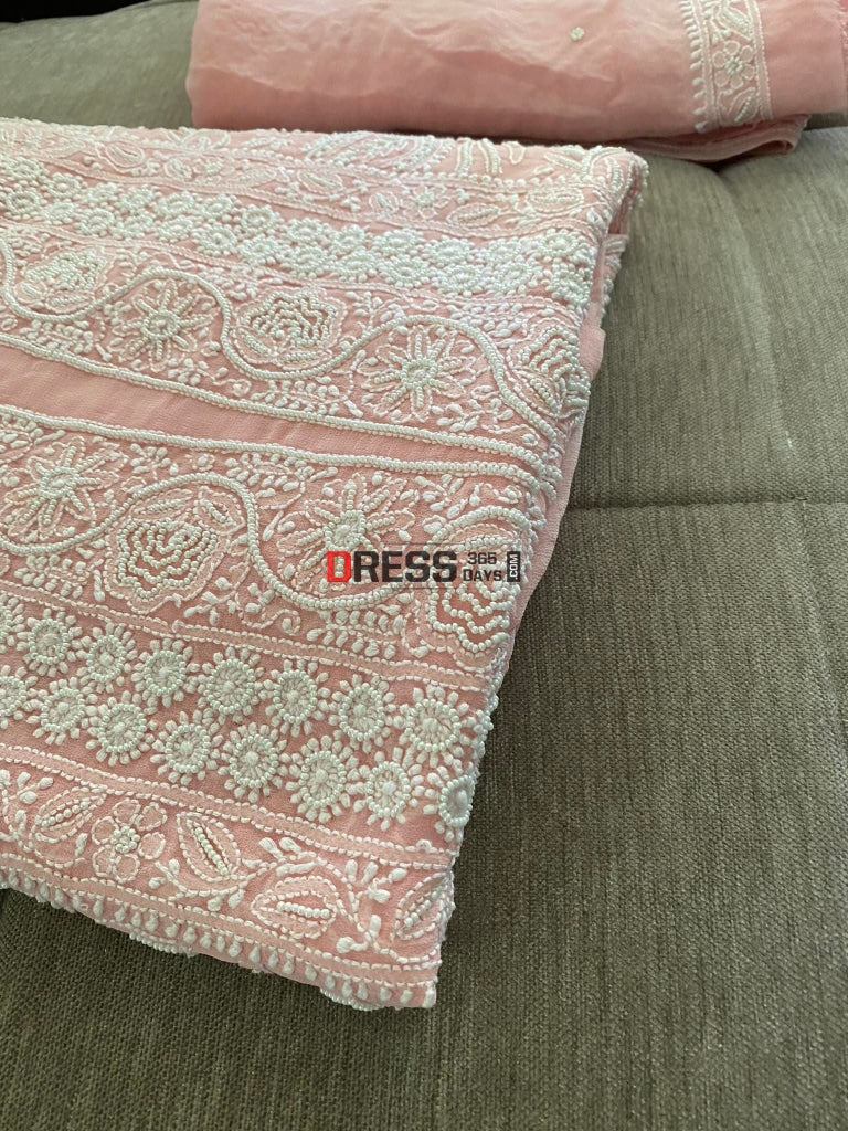 Peachy Pink Pearl Lucknowi Chikankari Suit Suits