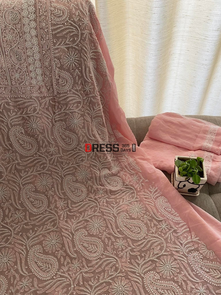 Peachy Pink Pearl Lucknowi Chikankari Suit Suits