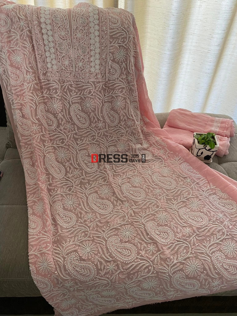 Peachy Pink Pearl Lucknowi Chikankari Suit Suits