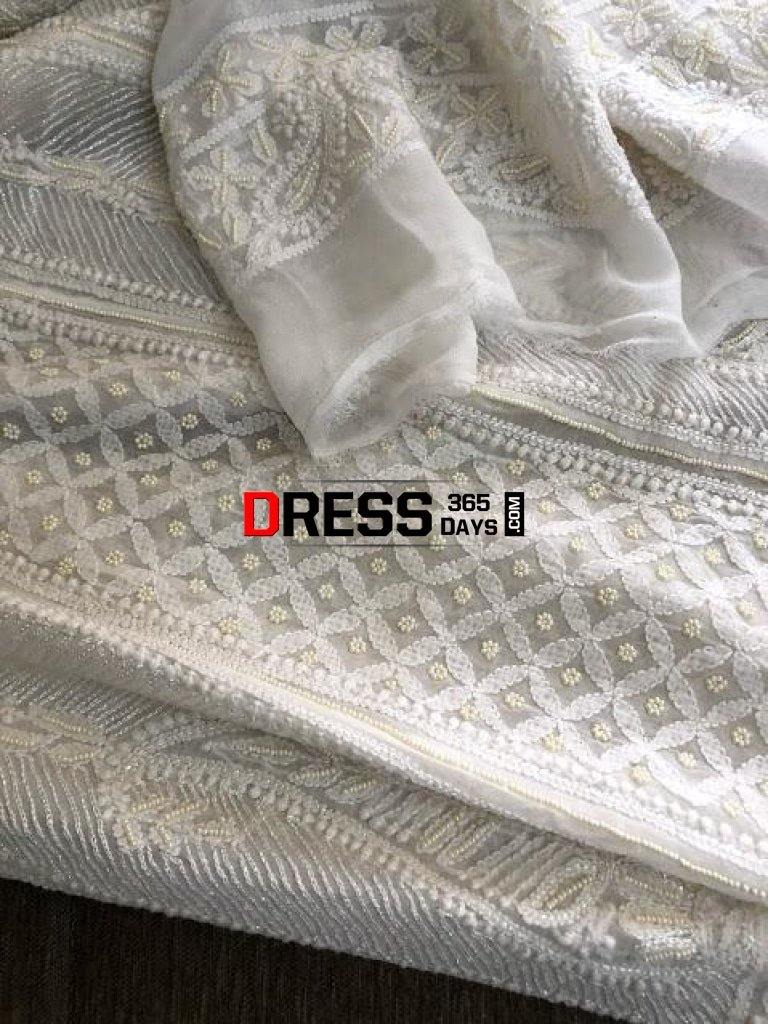 Pearl And Sequins Work Chikankari Anarkali Suit Dupatta