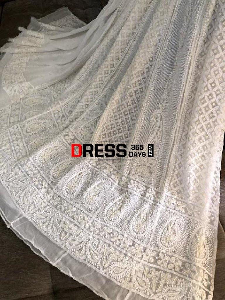 Pearl And Sequins Work Chikankari Anarkali Suit Dupatta