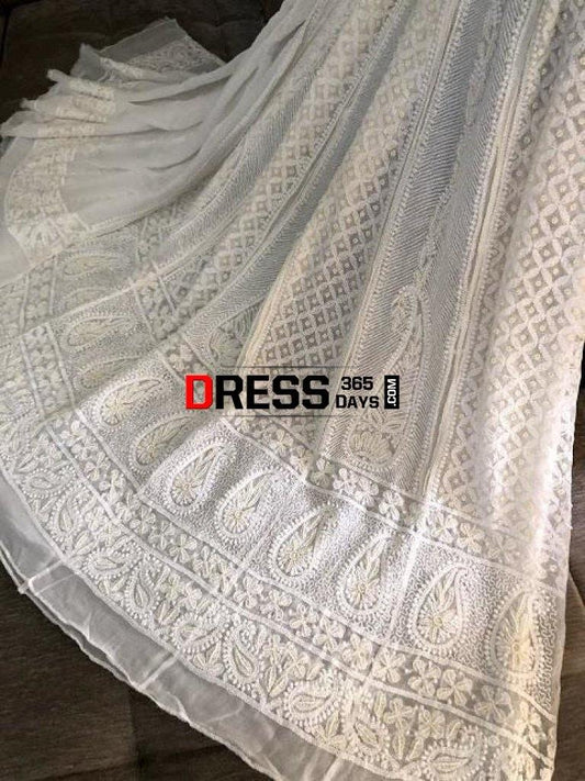 Pearl And Sequins Work Chikankari Anarkali Suit Dupatta