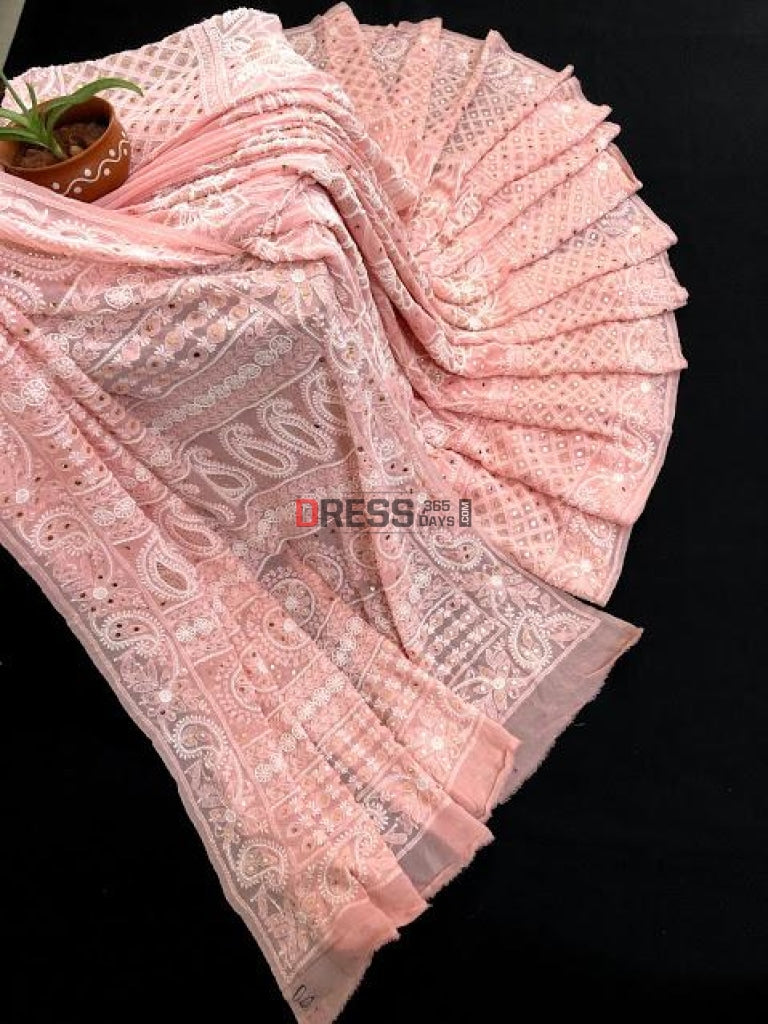 Pearl Beads And Mukaish Work Chikankari Saree