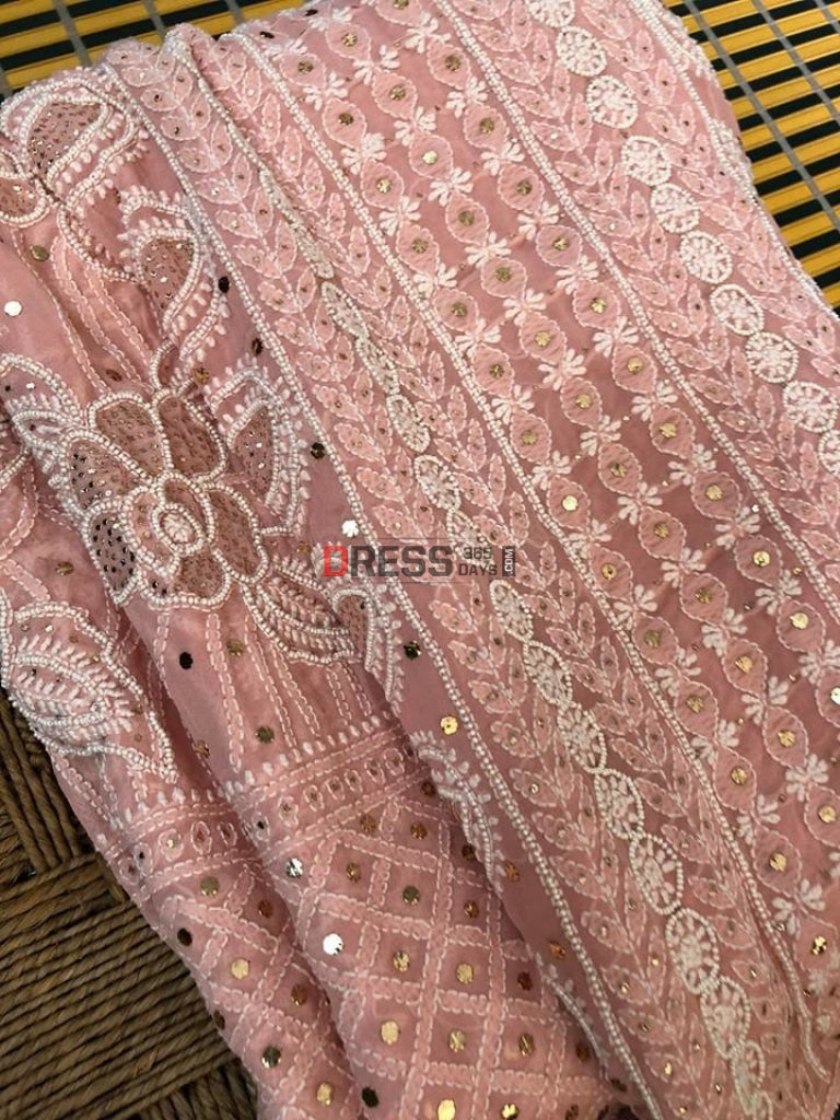 Pearl Beads And Mukaish Work Chikankari Saree