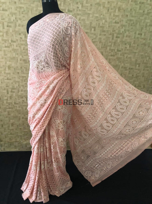 Pearl Beads And Mukaish Work Chikankari Saree