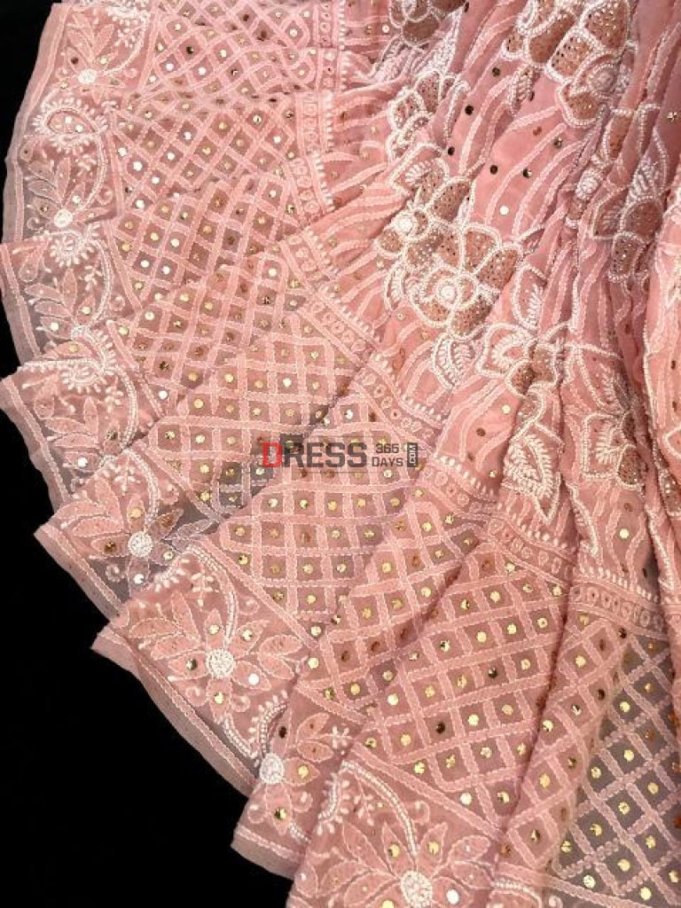 Pearl Beads And Mukaish Work Chikankari Saree