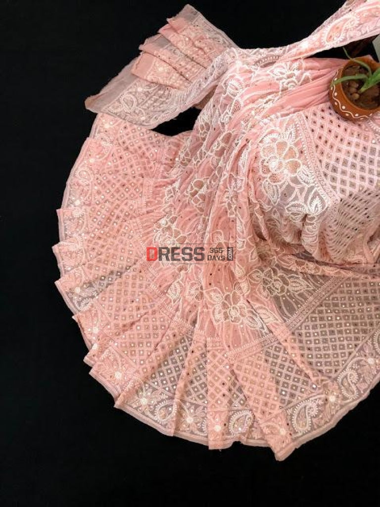 Pearl Beads And Mukaish Work Chikankari Saree
