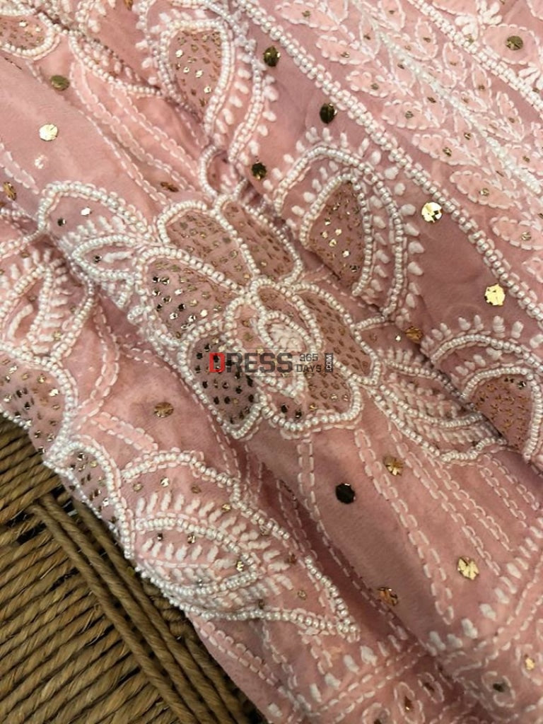 Pearl Beads And Mukaish Work Chikankari Saree