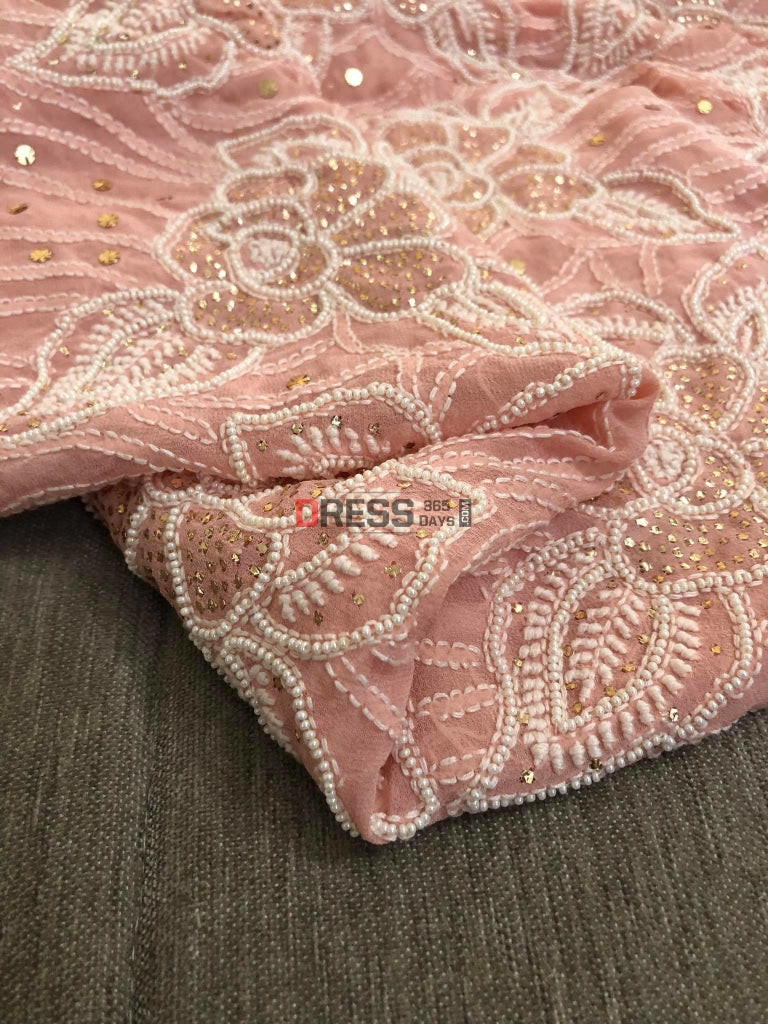 Pearl Beads And Mukaish Work Chikankari Saree