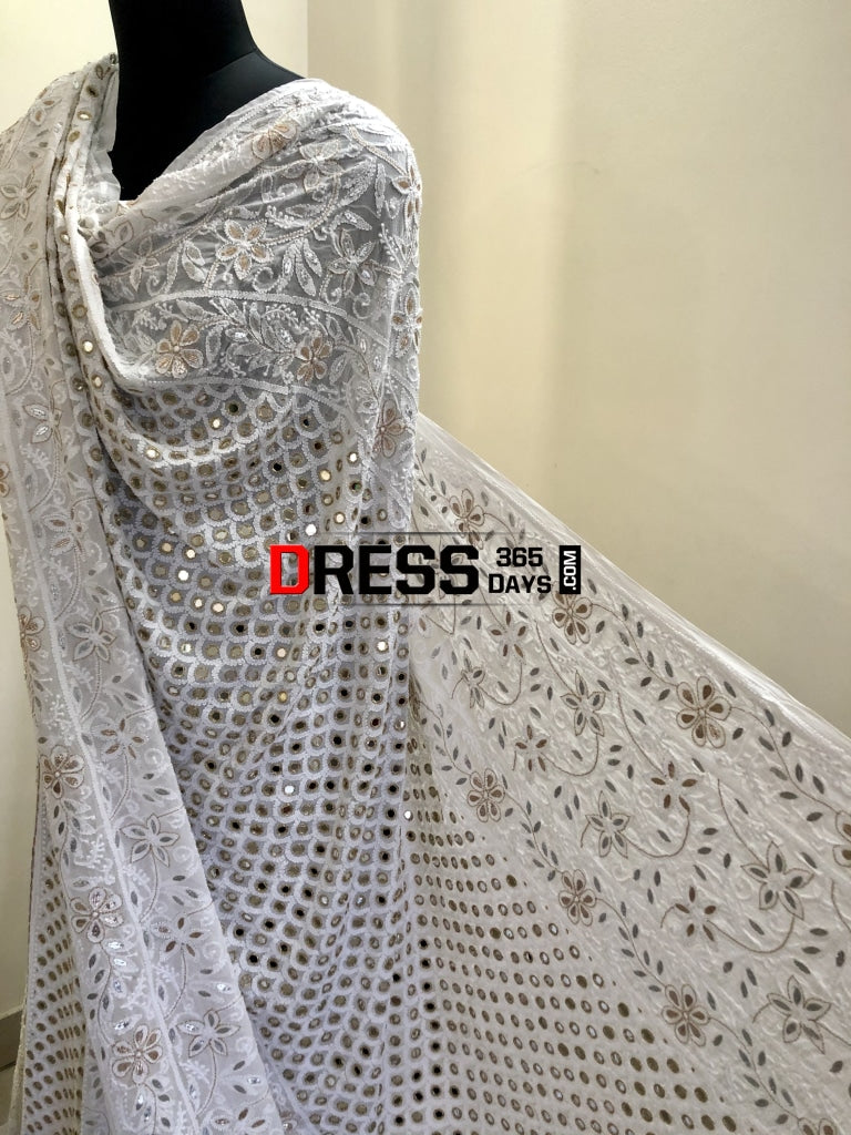 Pearl Mirror & Silver Gota Patti Lucknowi Lehenga Set Chikankari