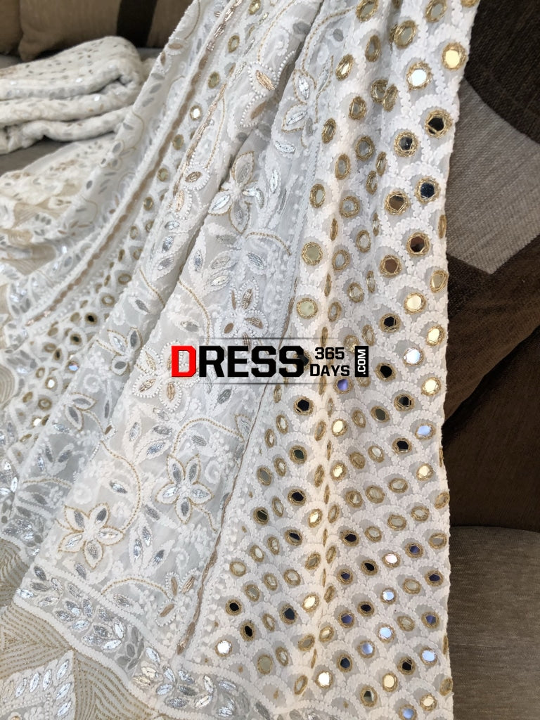 Pearl Mirror & Silver Gota Patti Lucknowi Lehenga Set Chikankari