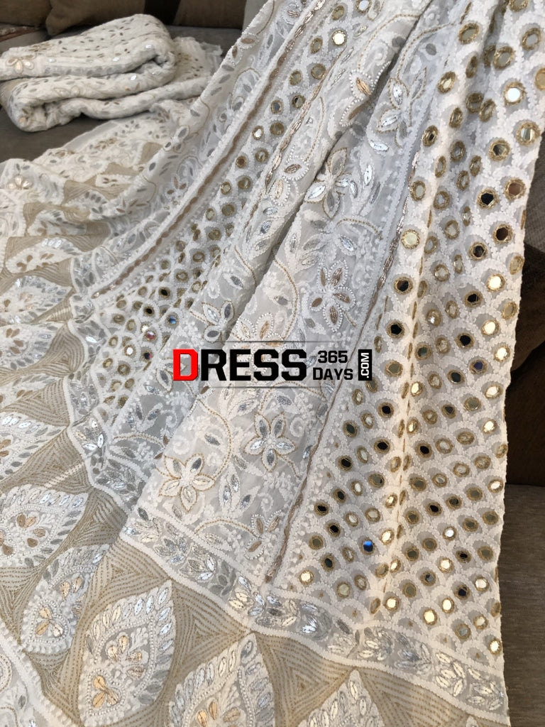 Pearl Mirror & Silver Gota Patti Lucknowi Lehenga Set Chikankari